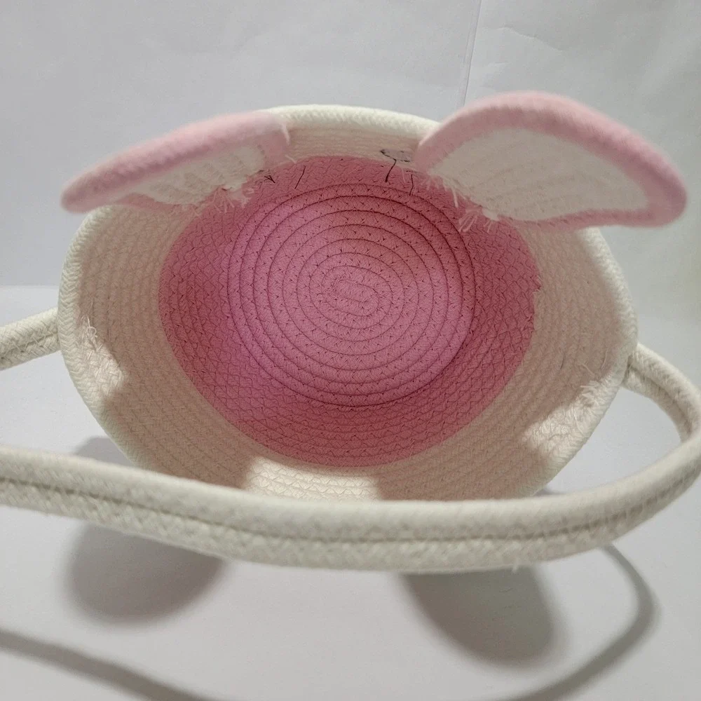 Pink White Bunny Easter Basket Cotton Rope Coiled Storage Tote Rabbit Ears 6in
